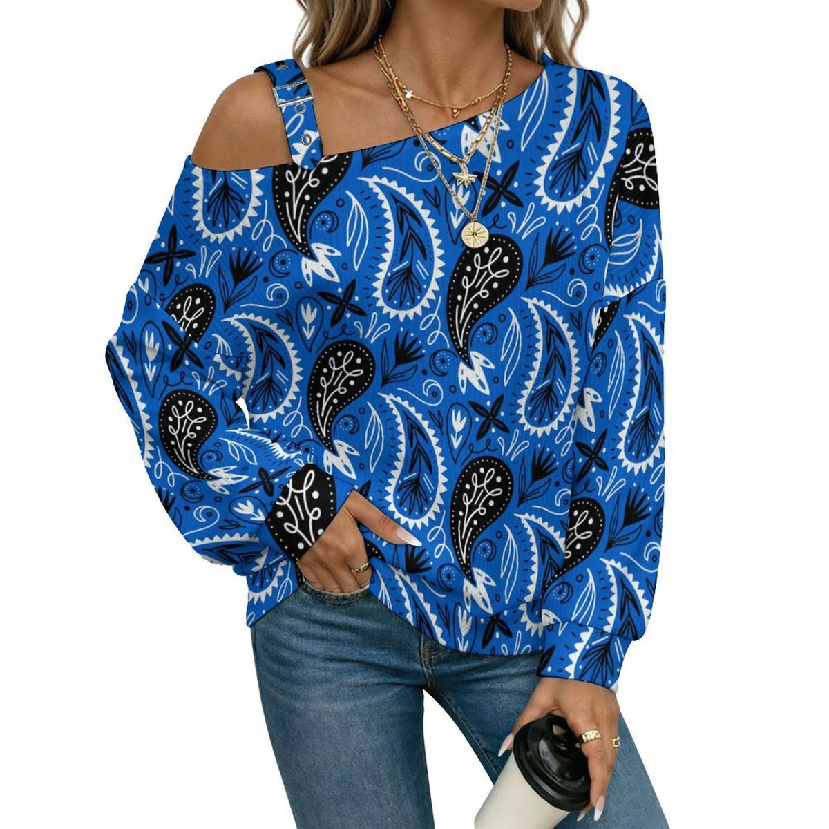 Fall Casual Asymmetric Shoulder Knit Top with Buckle Detail Paisley