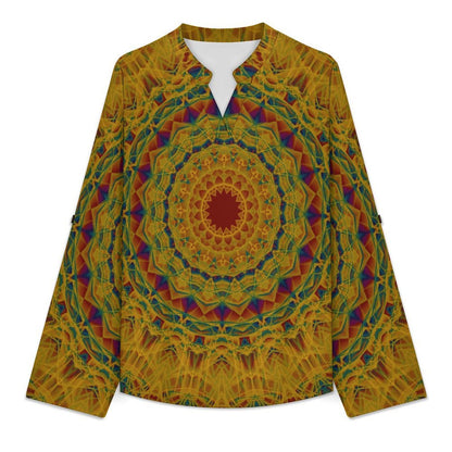 Retro Pattern, Background Women's Notched V Neck Tunic Tops, Roll Up 3/4 Sleeve Button Cuff Casual Blouse, Hem Loose Work Shirts
