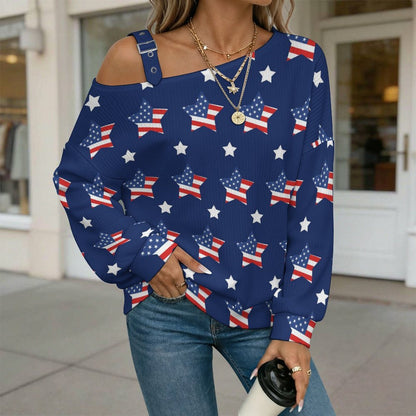 Buckle Strap Asymmetrical Off Shoulder Knit Sweater American Flag Star