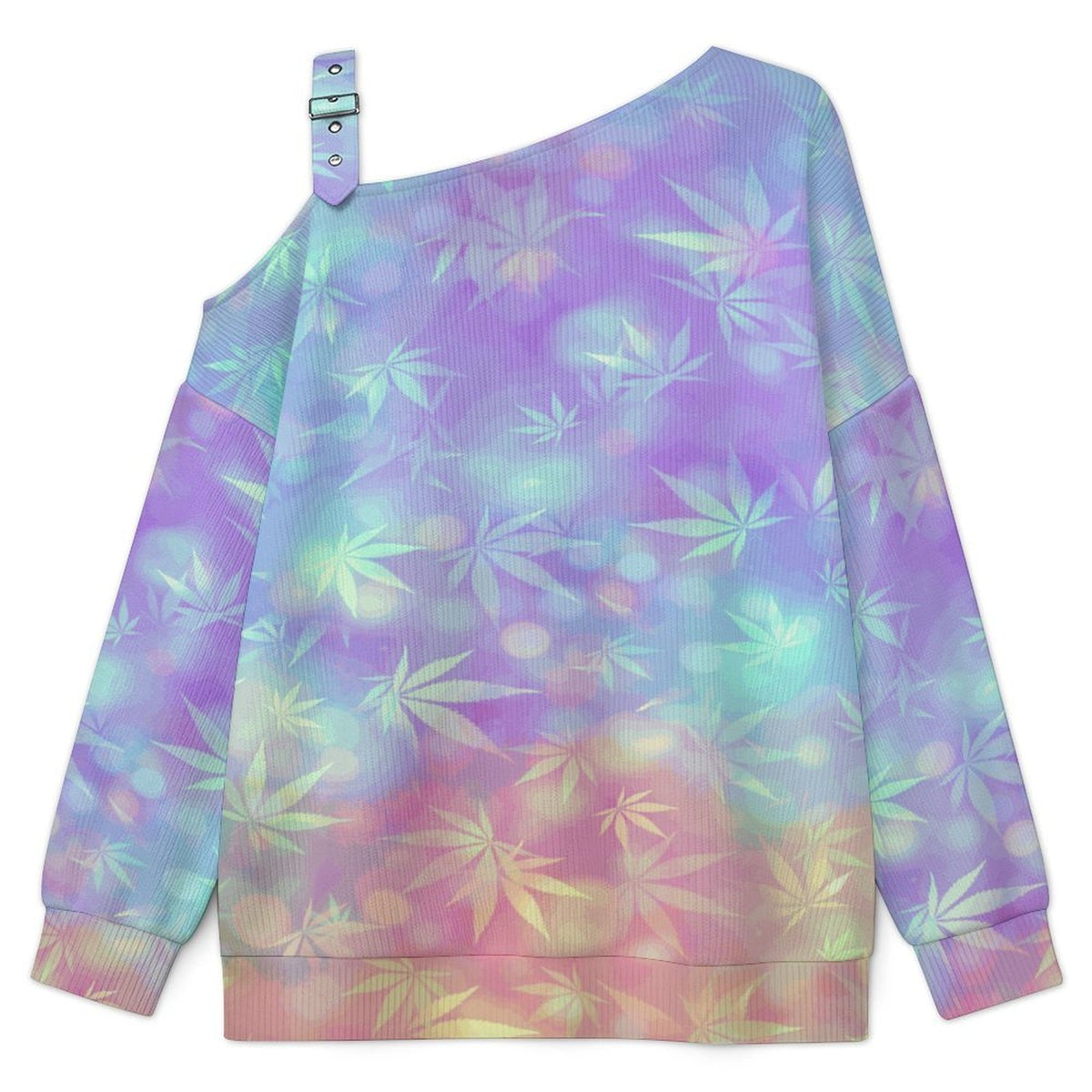 Fall Casual Asymmetric Shoulder Knit Top with Buckle Detail Colorful Leaf Pattern, Summer