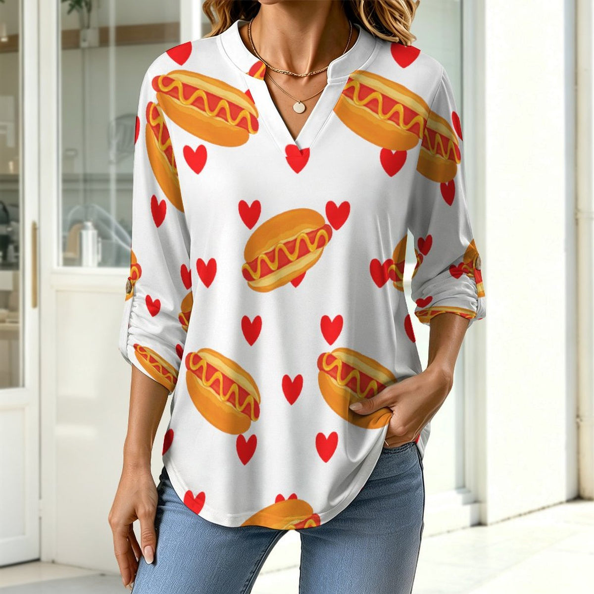 Roll Tab 3/4 Sleeve Notched V Neck Tunic Blouse  Hot Dogs, Hearts, Repeat