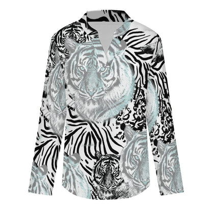 Women's Notched V Neck Tunic Tops, Roll Up 3/4 Sleeve Button Cuff Casual Blouse, Hem Loose Work Shirts  Tiger Pattern, Repeating Pattern