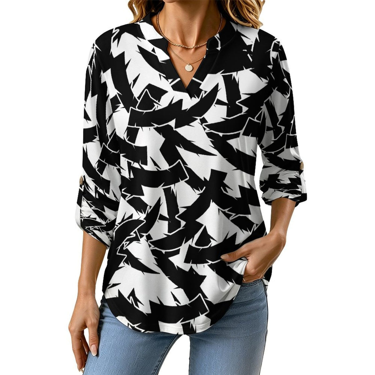 Women's Notched V Neck Tunic Tops, Roll Up 3/4 Sleeve Button Cuff Casual Blouse, Hem Loose Work Shirts  Thorns, Black, Repeating Pattern