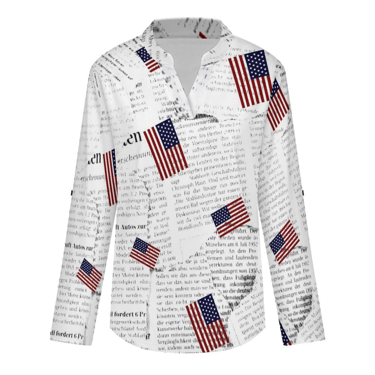 Newspaper, Repeating Pattern  Versatile Notched V-Neck Tunic | Roll Tab 3/4 Sleeve Office Casual Top