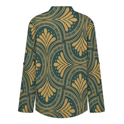 Roll Tab 3/4 Sleeve Notched V Neck Tunic Blouse  Retro Pattern