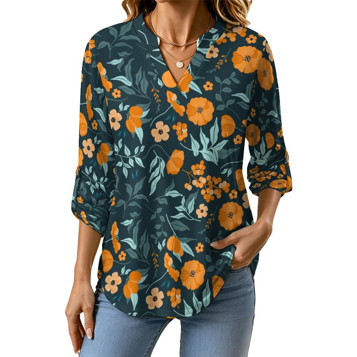 Versatile Notched V-Neck Tunic | Roll Tab 3/4 Sleeve Office Casual Top  Orange Blossom Repeat Pattern Dress for Women
