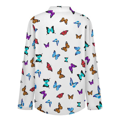 Repeating Pattern, Butterfly, Color Roll Tab 3/4 Sleeve Notched V Neck Tunic Blouse