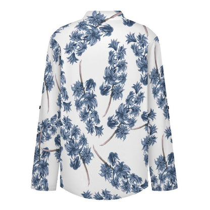 Women's Notched V Neck Tunic Tops, Roll Up 3/4 Sleeve Button Cuff Casual Blouse, Hem Loose Work Shirts  Purple Flowers, Repeating Pattern