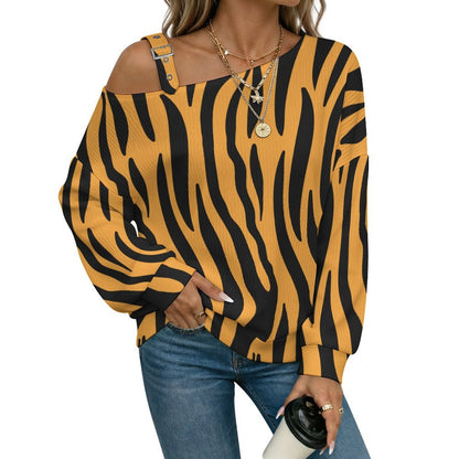 Yellow Tiger Pattern, Background Fall Casual Asymmetric Shoulder Knit Top with Buckle Detail