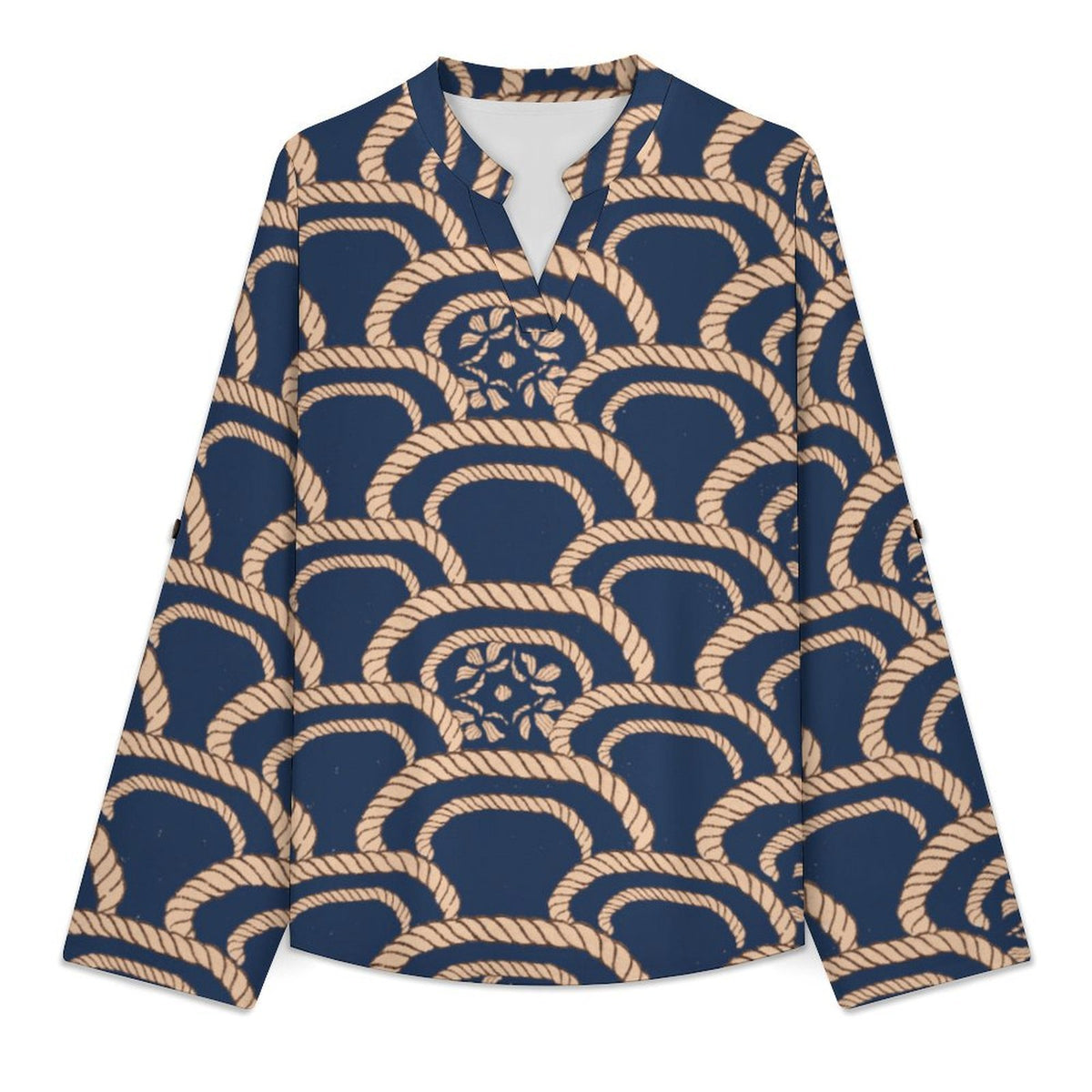 Chinese Style, Retro Pattern  Versatile Notched V-Neck Tunic | Roll Tab 3/4 Sleeve Office Casual Top