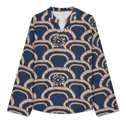 Chinese Style, Retro Pattern  Versatile Notched V-Neck Tunic | Roll Tab 3/4 Sleeve Office Casual Top