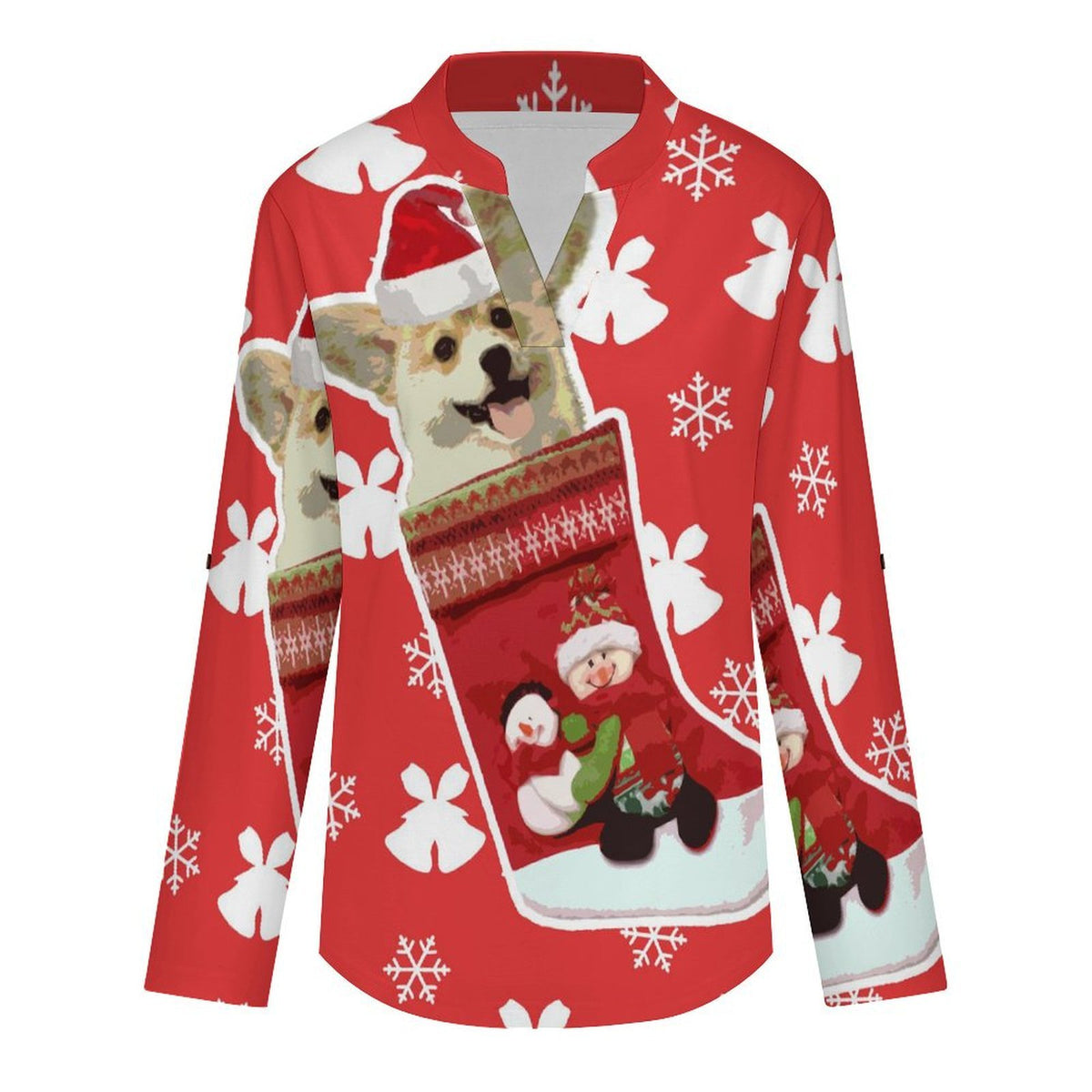 Women's Notched V Neck Tunic Tops, Roll Up 3/4 Sleeve Button Cuff Casual Blouse, Hem Loose Work Shirts  Christmas Stocking Corky Dog