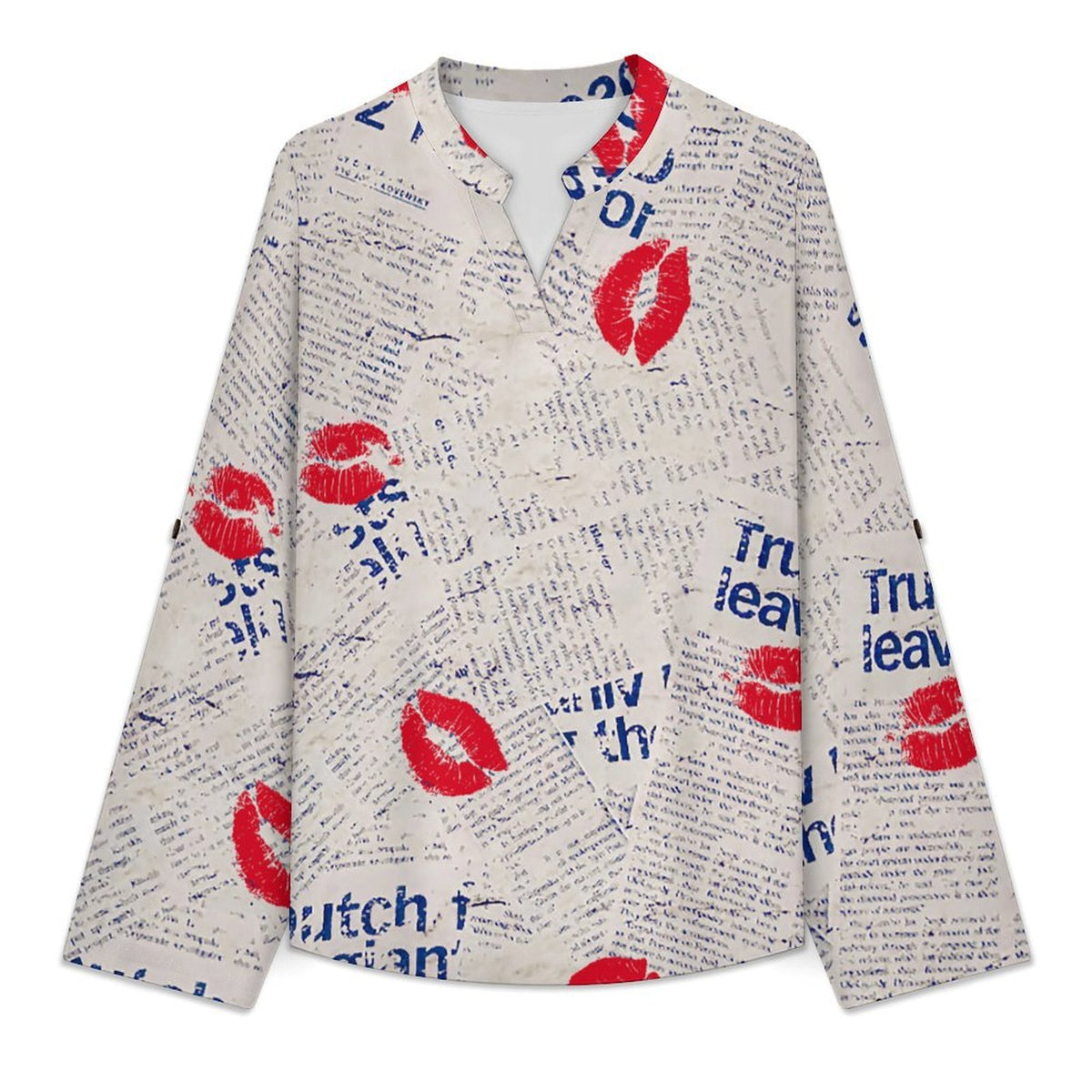 Versatile Notched V-Neck Tunic  Roll Tab 3/4 Sleeve Office Casual Top  Newspaper Red Lip Print Blue Letters