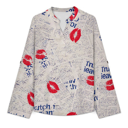 Versatile Notched V-Neck Tunic  Roll Tab 3/4 Sleeve Office Casual Top  Newspaper Red Lip Print Blue Letters