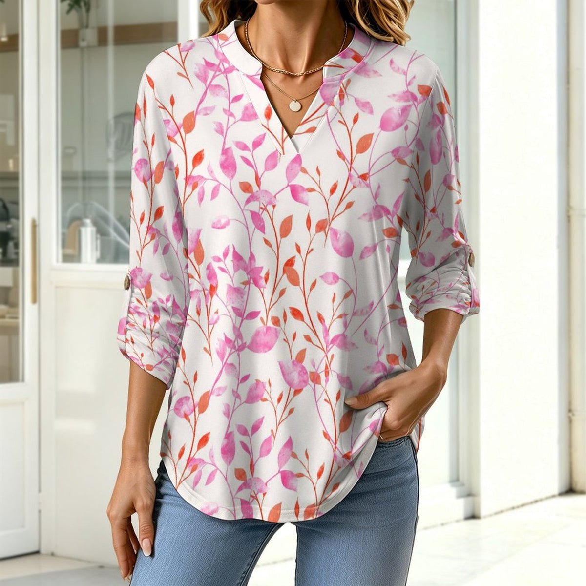 Flower  Versatile Notched V-Neck Tunic | Roll Tab 3/4 Sleeve Office Casual Top