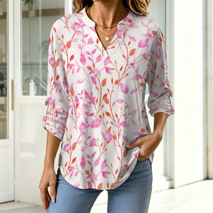 Flower  Versatile Notched V-Neck Tunic | Roll Tab 3/4 Sleeve Office Casual Top