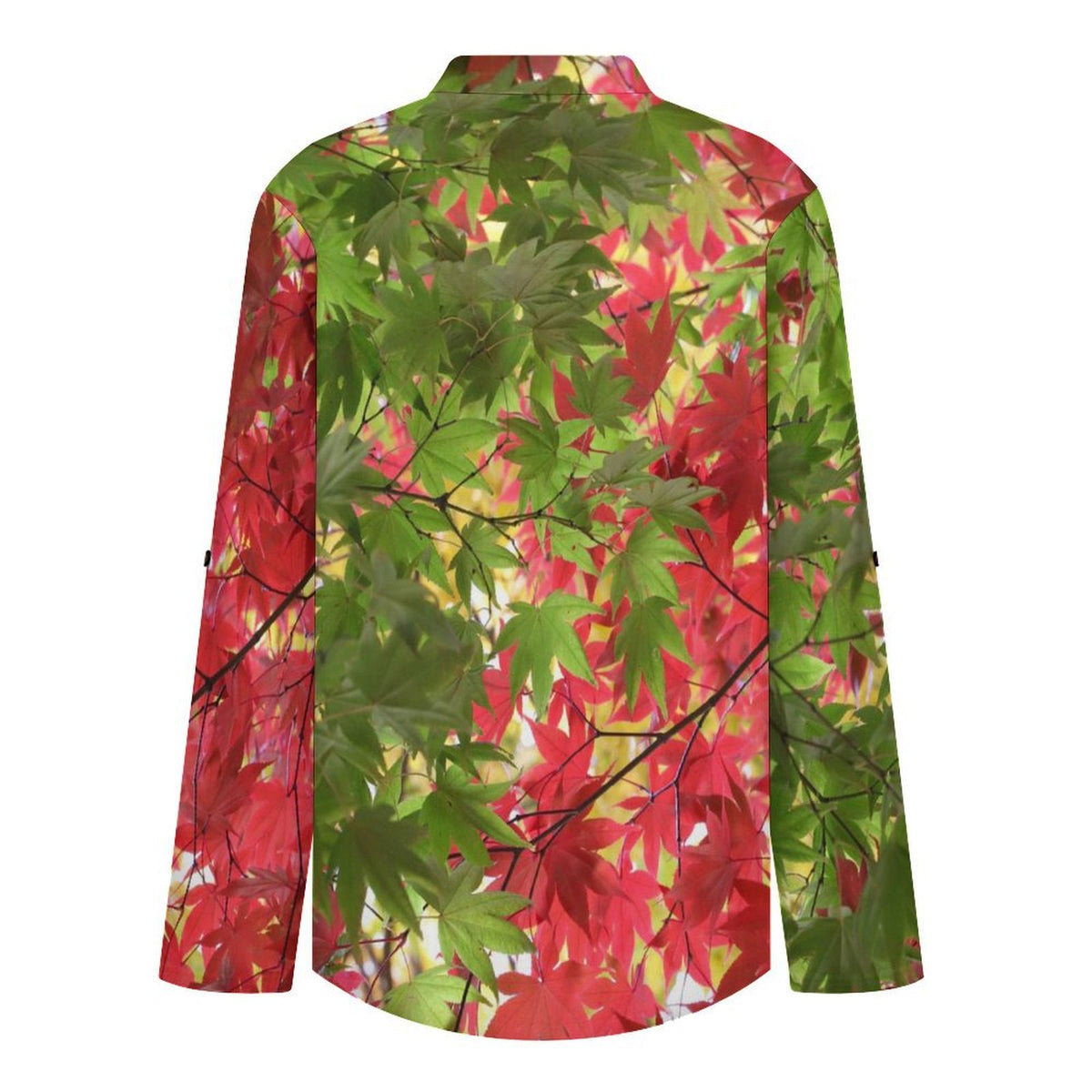 Women's Notched V Neck Tunic Tops, Roll Up 3/4 Sleeve Button Cuff Casual Blouse, Hem Loose Work Shirts  Red And Green  Leaves