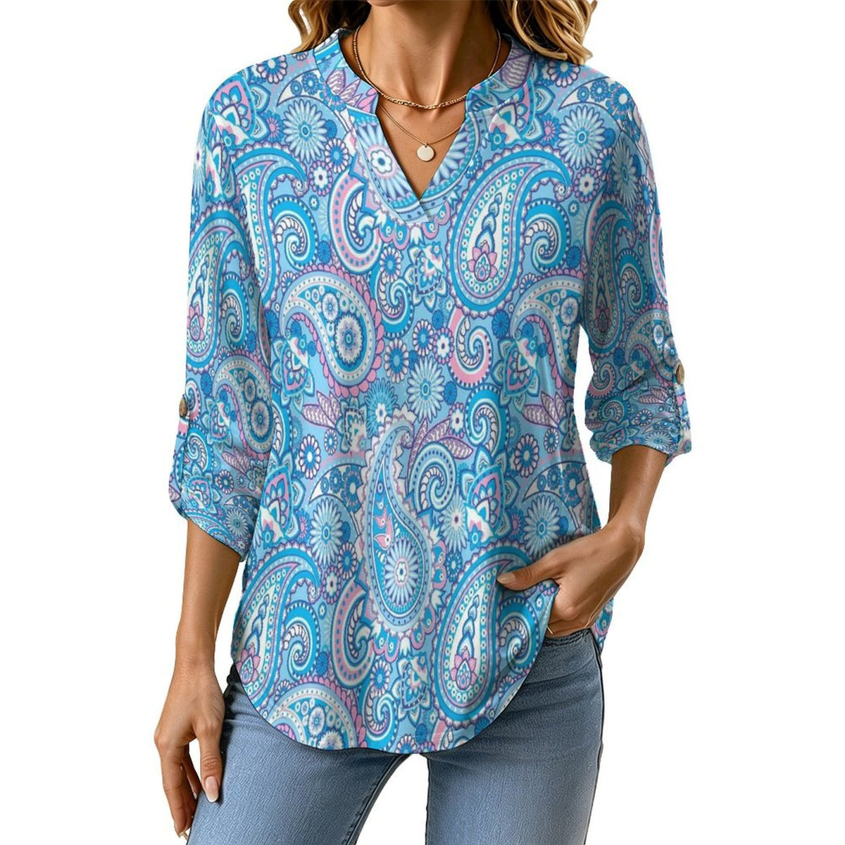 Paisley  Versatile Notched V-Neck Tunic | Roll Tab 3/4 Sleeve Office Casual Top