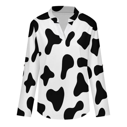 Roll Tab 3/4 Sleeve Notched V Neck Tunic Blouse  Cow, Black And White