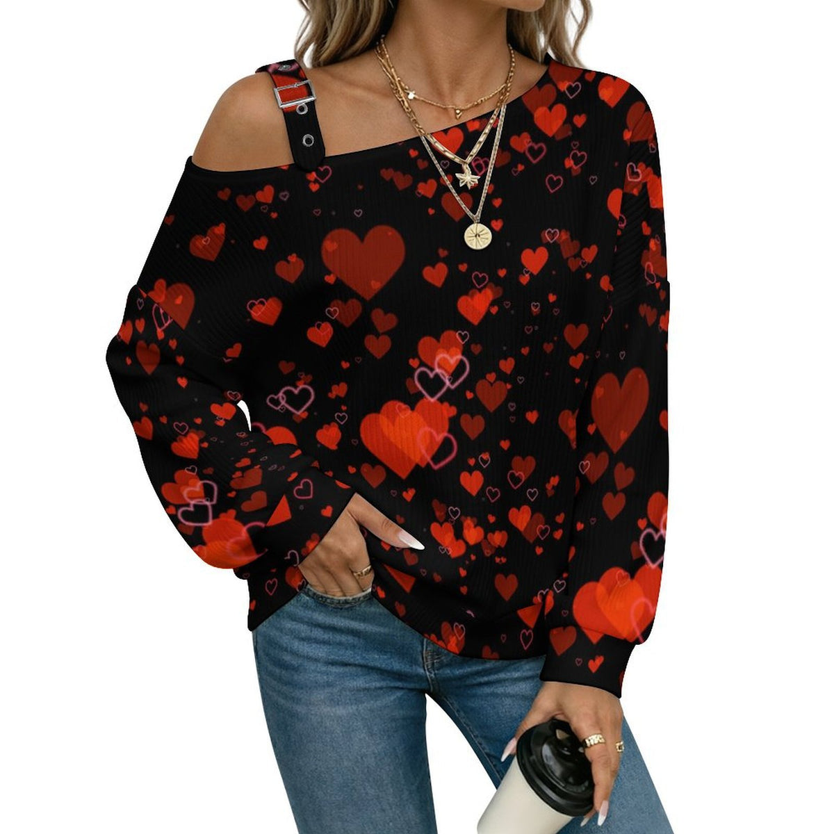 Buckle Strap Asymmetrical Off Shoulder Knit Sweater Red Heart Black Background Love