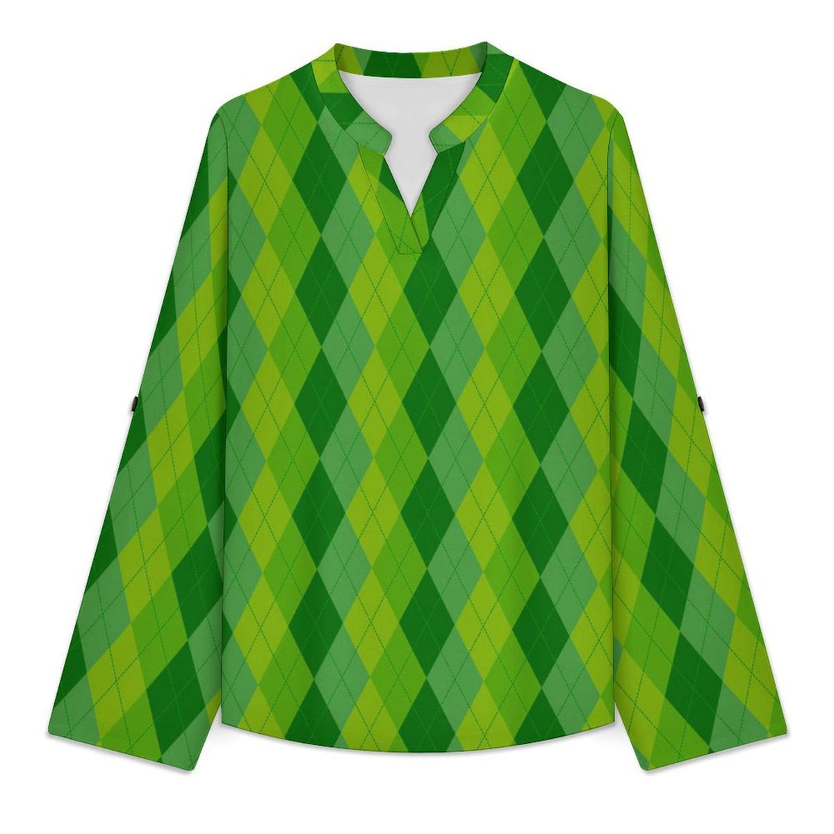 Green, Rhombic  Versatile Notched V-Neck Tunic | Roll Tab 3/4 Sleeve Office Casual Top