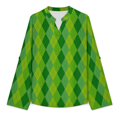 Green, Rhombic  Versatile Notched V-Neck Tunic | Roll Tab 3/4 Sleeve Office Casual Top