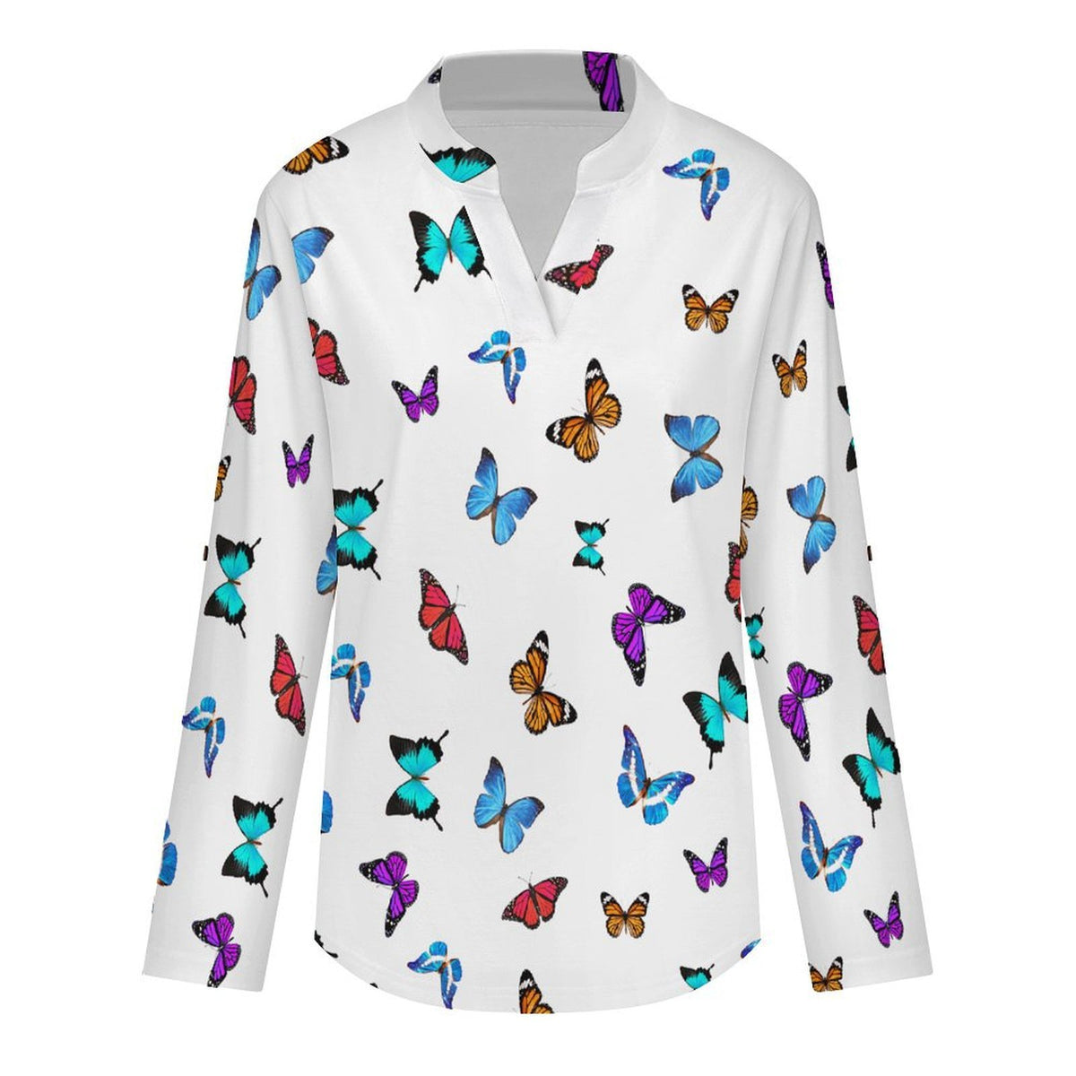 Repeating Pattern, Butterfly, Color Roll Tab 3/4 Sleeve Notched V Neck Tunic Blouse