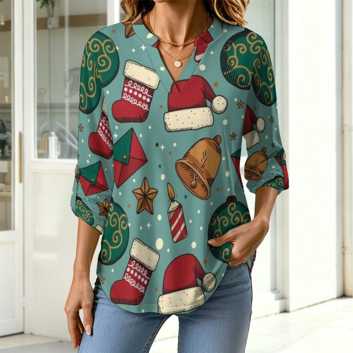 Merry Christmas Roll Tab 3/4 Sleeve Notched V Neck Tunic Blouse