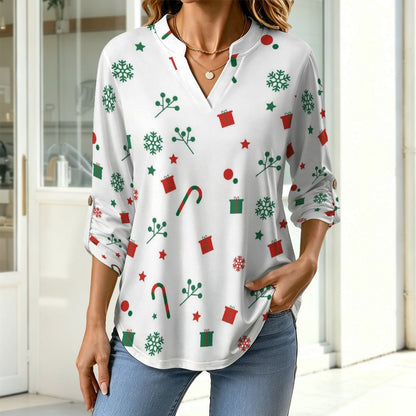 Women's Notched V Neck Tunic Tops, Roll Up 3/4 Sleeve Button Cuff Casual Blouse, Hem Loose Work Shirts  Christmas Snow
