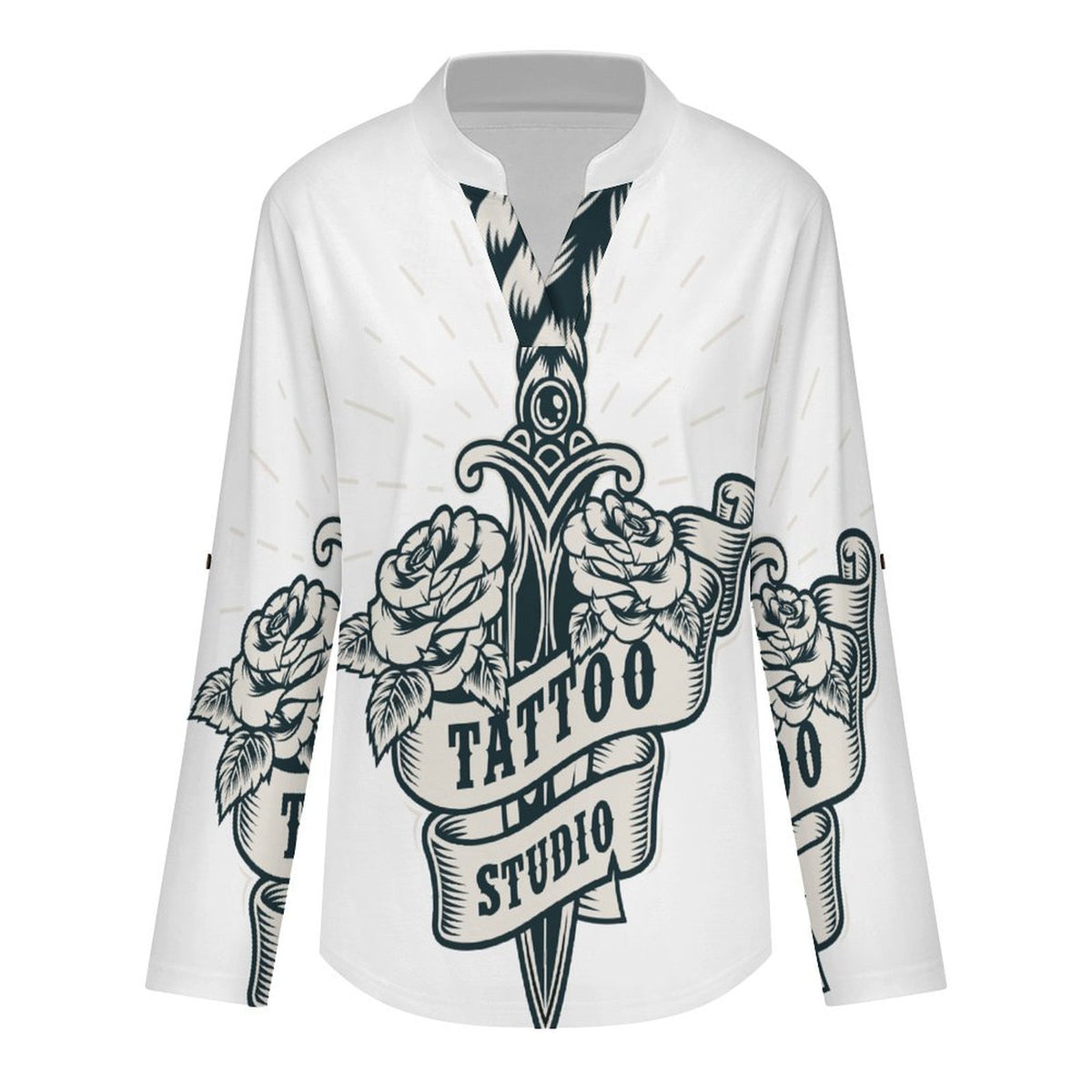 Dagger, Weapon Women's Notched V Neck Tunic Tops, Roll Up 3/4 Sleeve Button Cuff Casual Blouse, Hem Loose Work Shirts