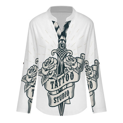 Dagger, Weapon Women's Notched V Neck Tunic Tops, Roll Up 3/4 Sleeve Button Cuff Casual Blouse, Hem Loose Work Shirts