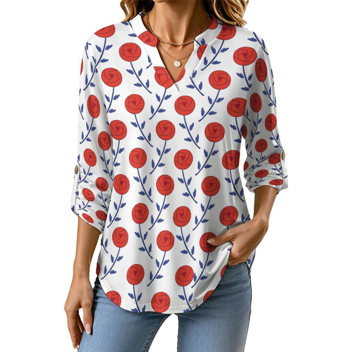 Rose, Repeating Pattern Roll Tab 3/4 Sleeve Notched V Neck Tunic Blouse