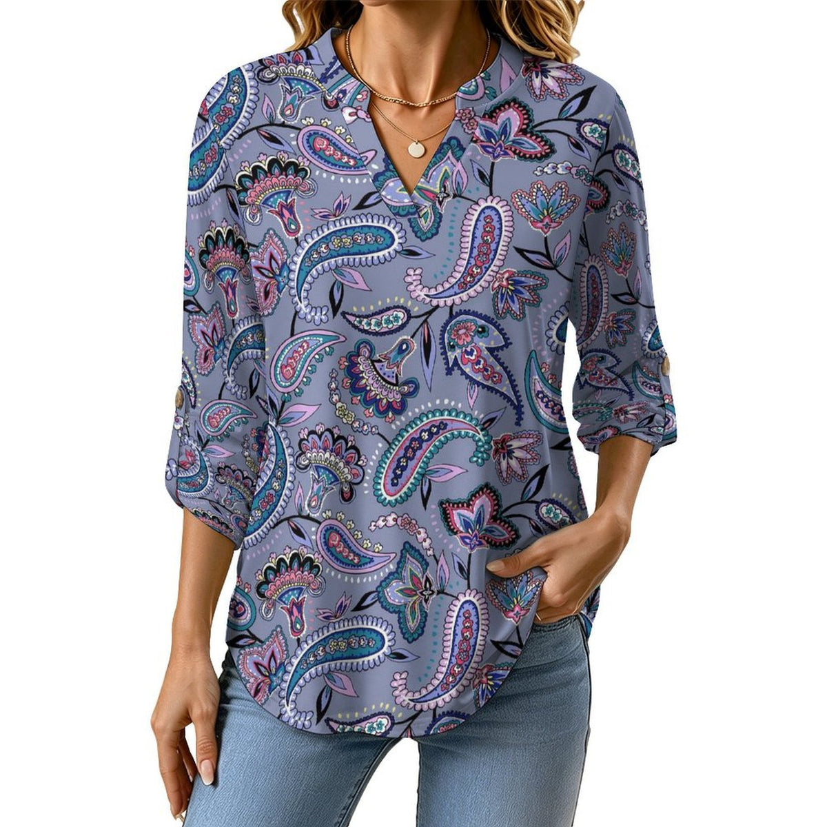 Paisley  Versatile Notched V-Neck Tunic | Roll Tab 3/4 Sleeve Office Casual Top