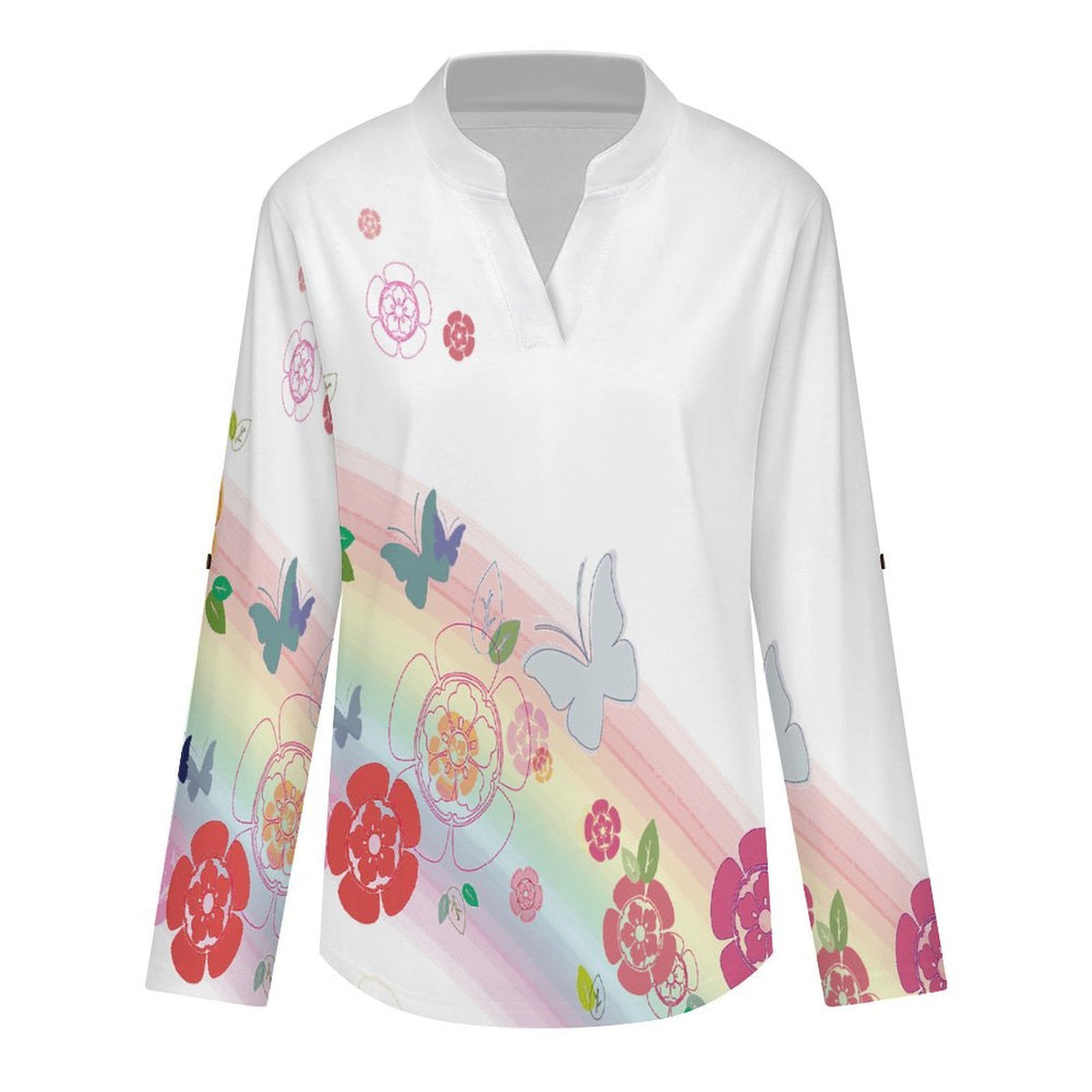 Women's Notched V Neck Tunic Tops, Roll Up 3/4 Sleeve Button Cuff Casual Blouse, Hem Loose Work Shirts  Colored Butterfly