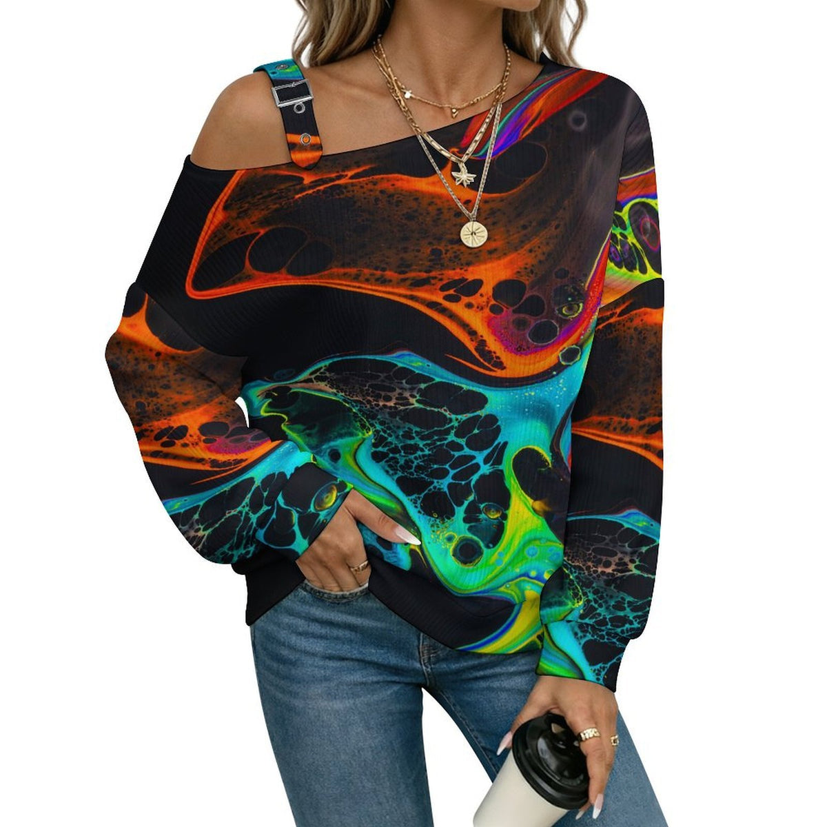 Off-the-shoulder Sweater Long Sleeve Relaxed-Fit Solid PulloverPattern