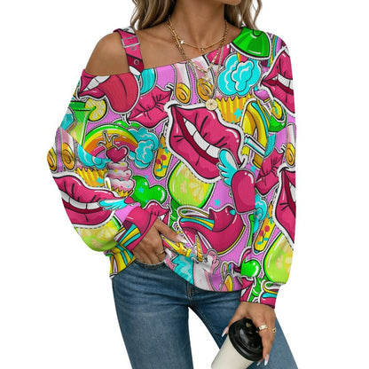 Fall Casual Asymmetric Shoulder Knit Top with Buckle Detail Color, Lips, Horse, Pop