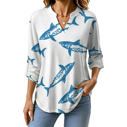 Shark Repeat Pattern  Versatile Notched V-Neck Tunic | Roll Tab 3/4 Sleeve Office Casual Top