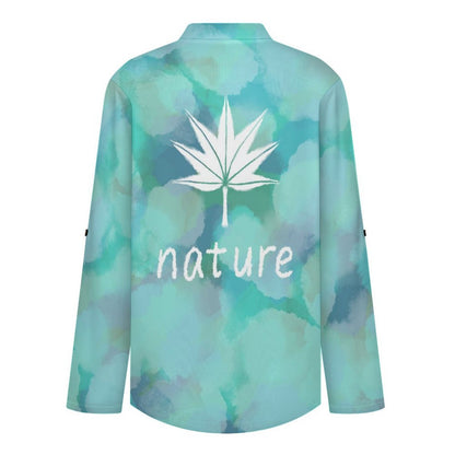 Women's Notched V Neck Tunic Tops, Roll Up 3/4 Sleeve Button Cuff Casual Blouse, Hem Loose Work Shirts  Tie-dyed Blue Maple Leaf