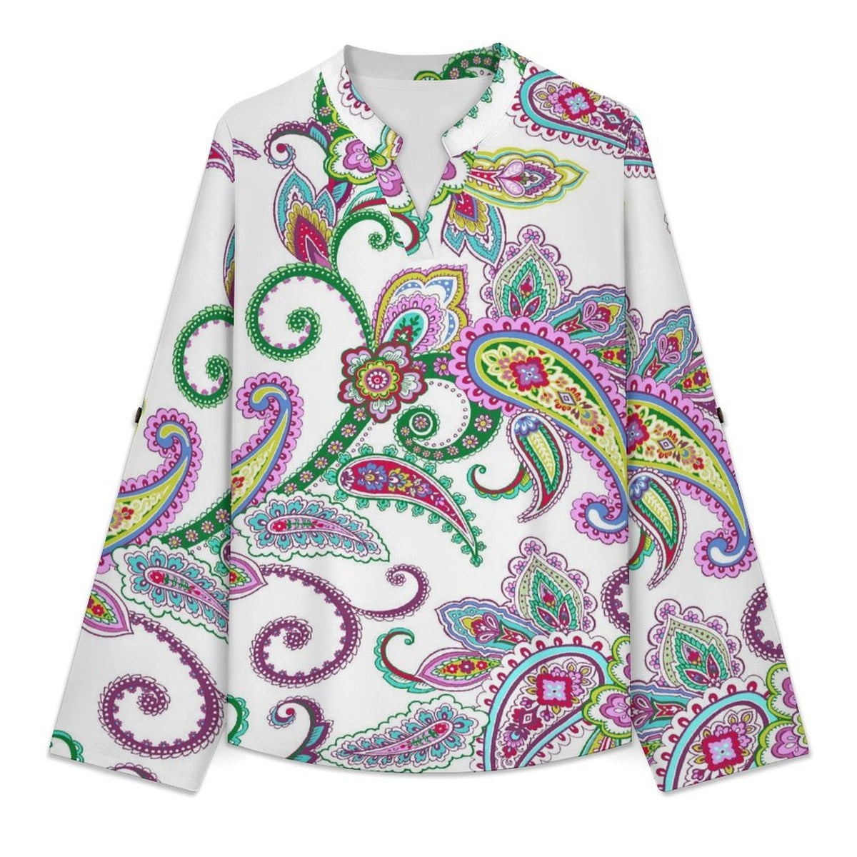 Paisley  Versatile Notched V-Neck Tunic | Roll Tab 3/4 Sleeve Office Casual Top