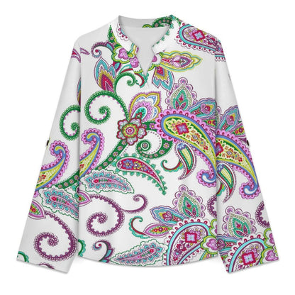 Paisley  Versatile Notched V-Neck Tunic | Roll Tab 3/4 Sleeve Office Casual Top