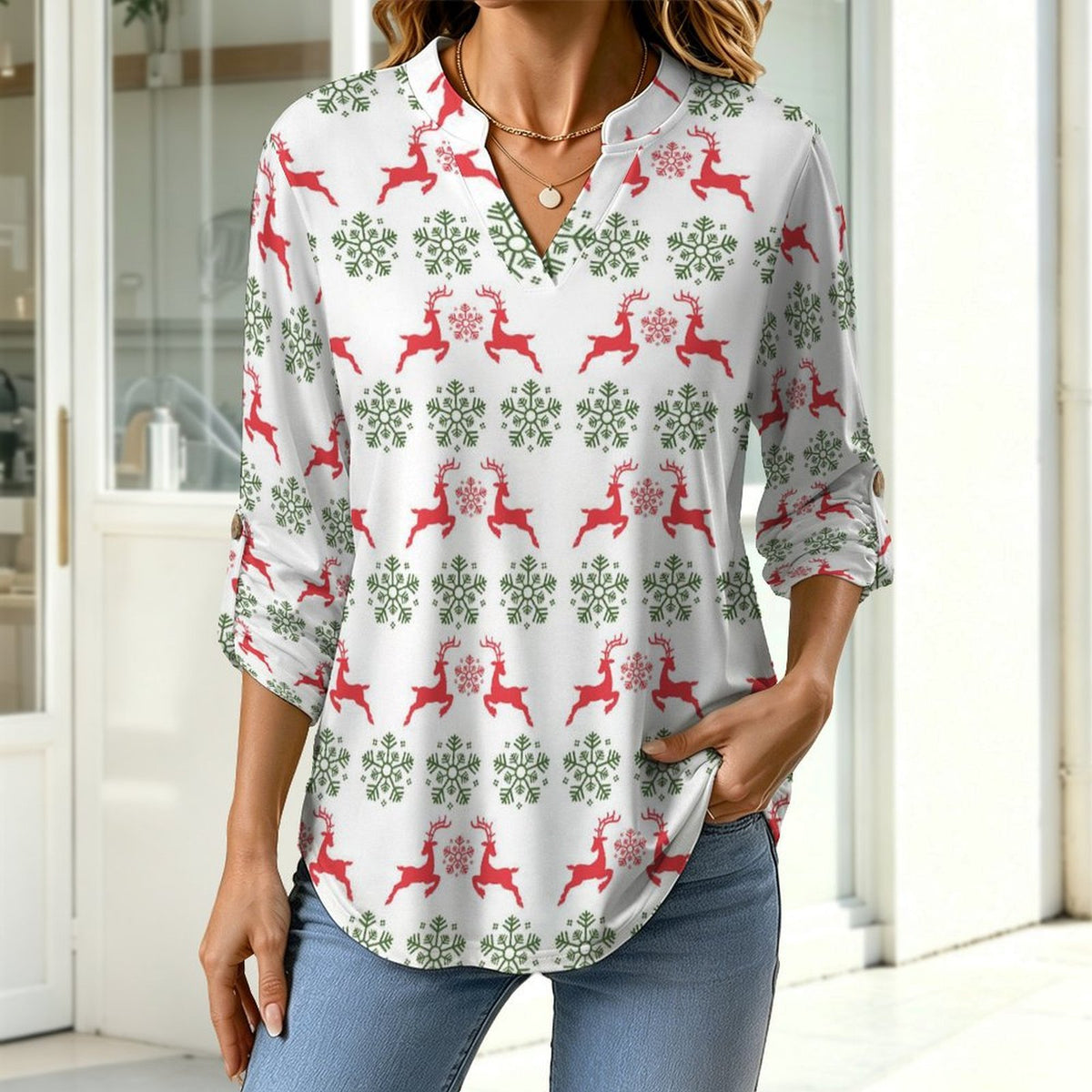 Women's Notched V Neck Tunic Tops, Roll Up 3/4 Sleeve Button Cuff Casual Blouse, Hem Loose Work Shirts  Christmas-snowflake-reindeer-red-green-tiled-repeat