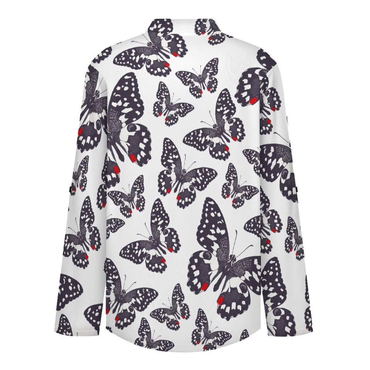Women's Notched V Neck Tunic Tops, Roll Up 3/4 Sleeve Button Cuff Casual Blouse, Hem Loose Work Shirts  Butterfly, Repeating Pattern