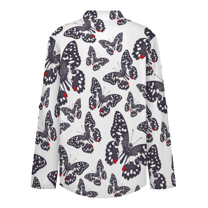 Women's Notched V Neck Tunic Tops, Roll Up 3/4 Sleeve Button Cuff Casual Blouse, Hem Loose Work Shirts  Butterfly, Repeating Pattern