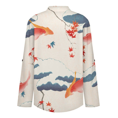 Chinese Wind, Maple Leaf, Fish  Versatile Notched V-Neck Tunic | Roll Tab 3/4 Sleeve Office Casual Top