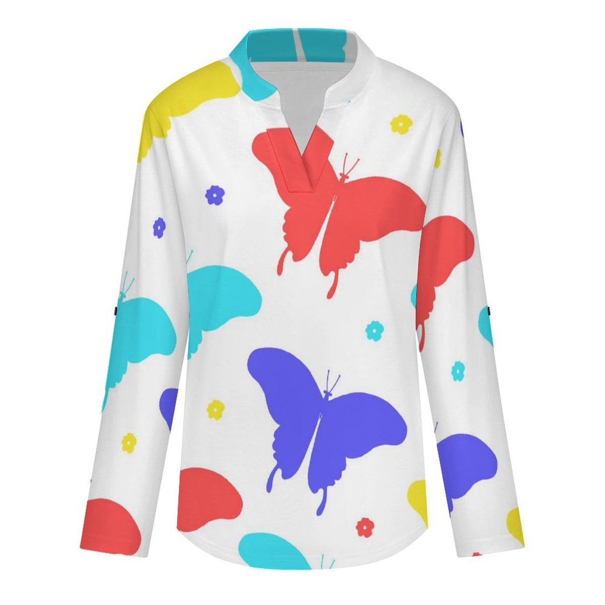 Women's Notched V Neck Tunic Tops, Roll Up 3/4 Sleeve Button Cuff Casual Blouse, Hem Loose Work Shirts  Butterfly-color-red-blue-yellow-repeat