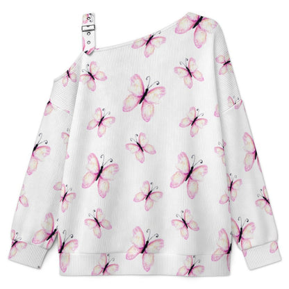 Women’s Off-Shoulder Knit Sweater Pink Butterfly
