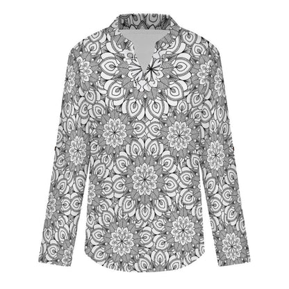 Mandala Flower, Repeating Pattern Roll Tab 3/4 Sleeve Notched V Neck Tunic Blouse