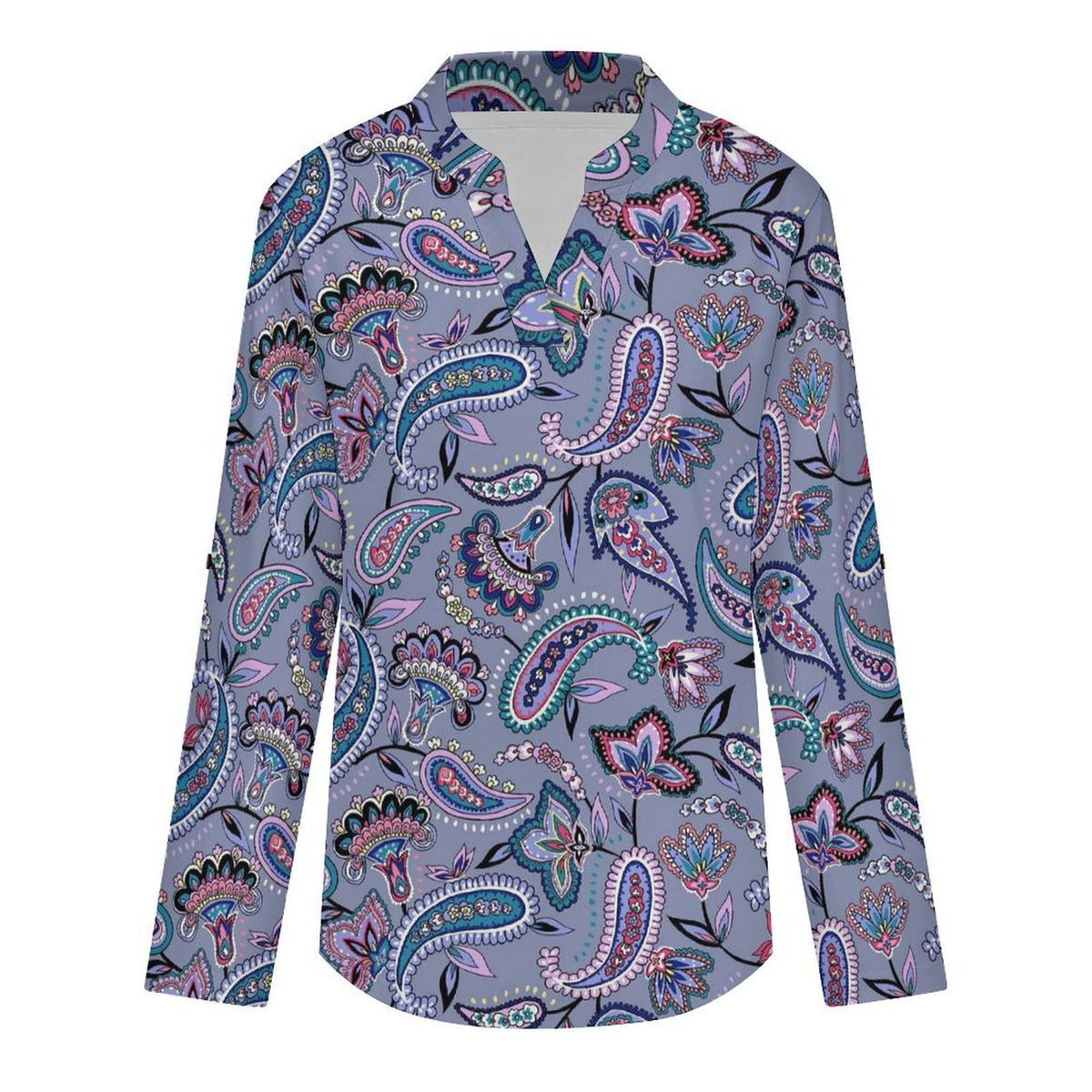 Paisley  Versatile Notched V-Neck Tunic | Roll Tab 3/4 Sleeve Office Casual Top