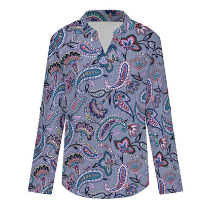 Paisley  Versatile Notched V-Neck Tunic | Roll Tab 3/4 Sleeve Office Casual Top