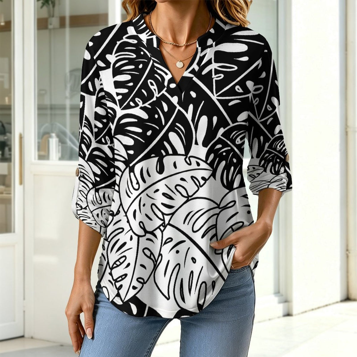 Women's Notched V Neck Tunic Tops, Roll Up 3/4 Sleeve Button Cuff Casual Blouse, Hem Loose Work Shirts  Leaves, Black, Repeating Pattern